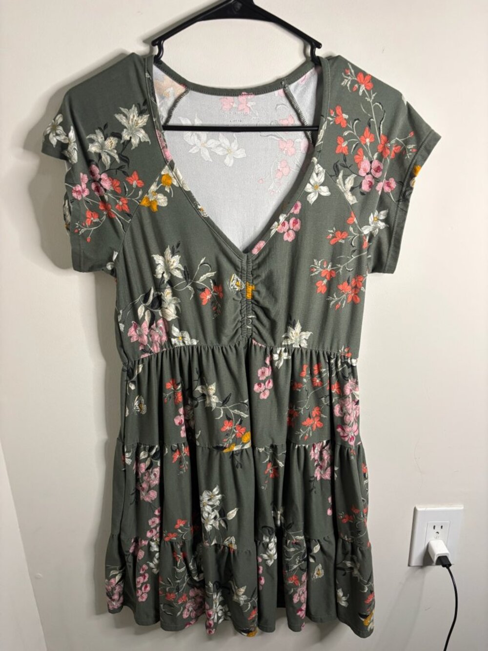 Olive Green Floral Short Sleeve Dress - Size L (11-13)